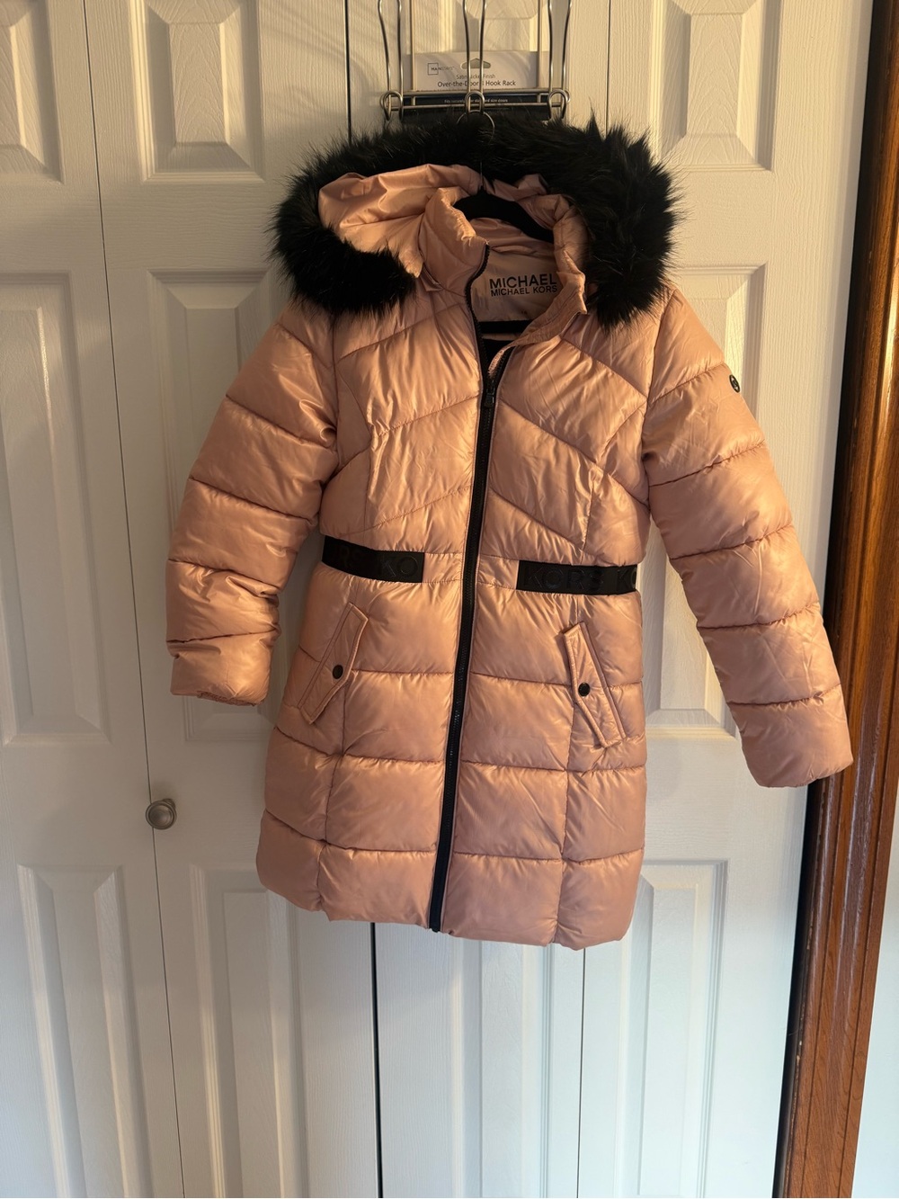 Michael Kors Blush Pink Puffer Coat with Black Faux Fur Hood